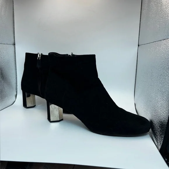 Prada Black Suede Block Heeled Booties with mirror detail on heel 37.5